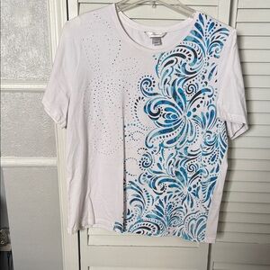 CJ Banks White Tee with Blue Swirl Design